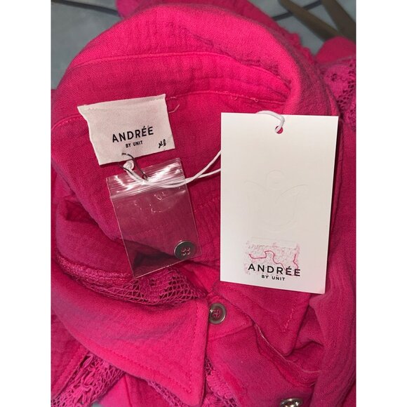 Andree By Unit XL Hot Pink Cotton Lace Shacket Button Front Textured Boho Core - Picture 8 of 12
